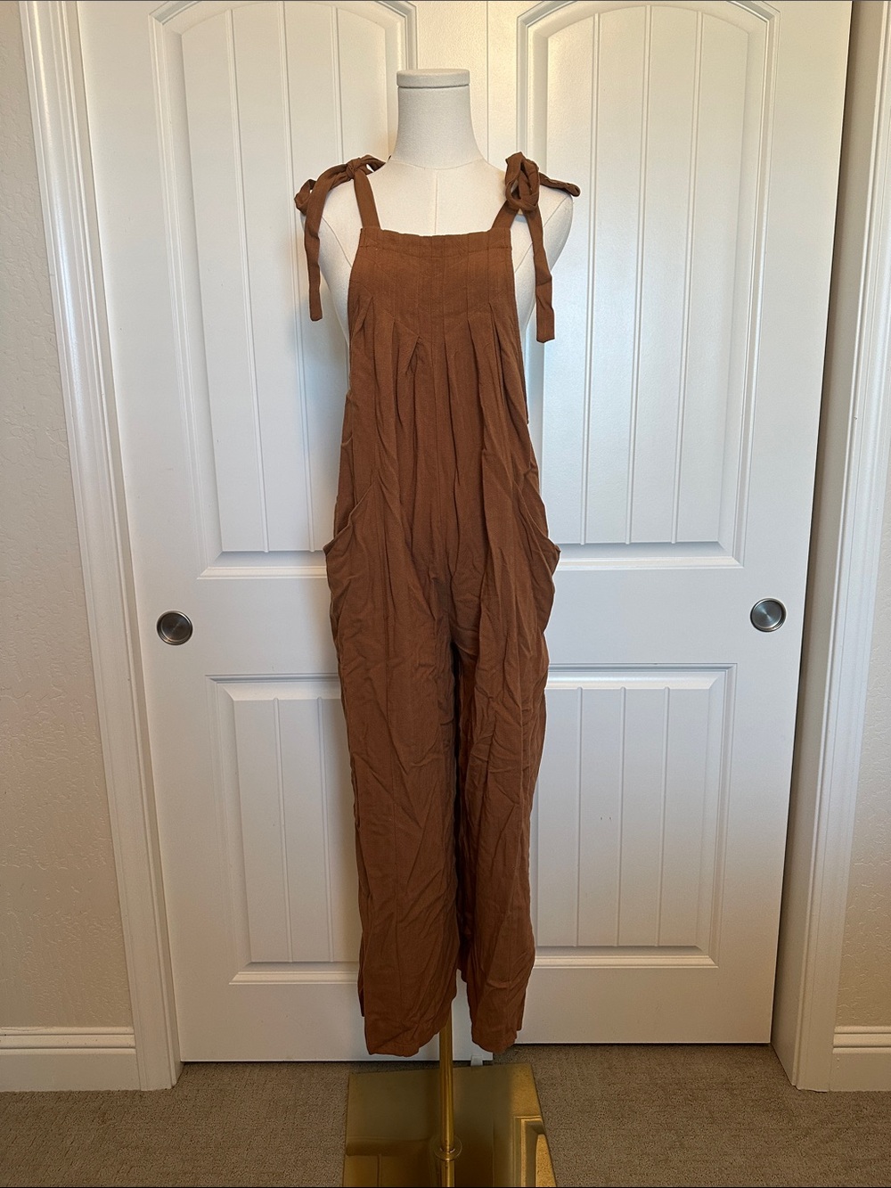 Rust Brown Tie-Shoulder Linen Jumpsuit